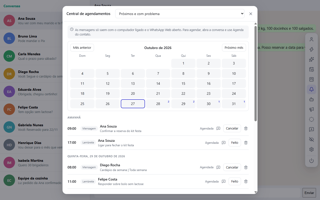 Central de agendamentos com calendário do mês