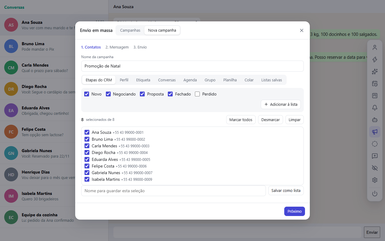 Envio em massa escolhendo contatos pelas etapas do CRM
