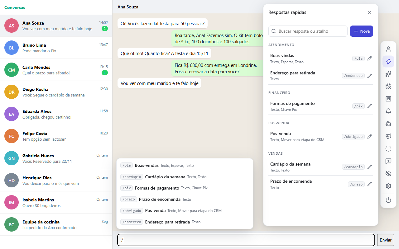 Lista de respostas rápidas e sugestões ao digitar barra na conversa